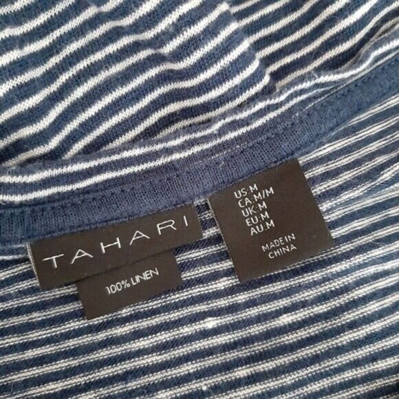TAHARI 100% Linen Stripe Navy & White Front Knot Tee Sz M - Picture 6 of 6